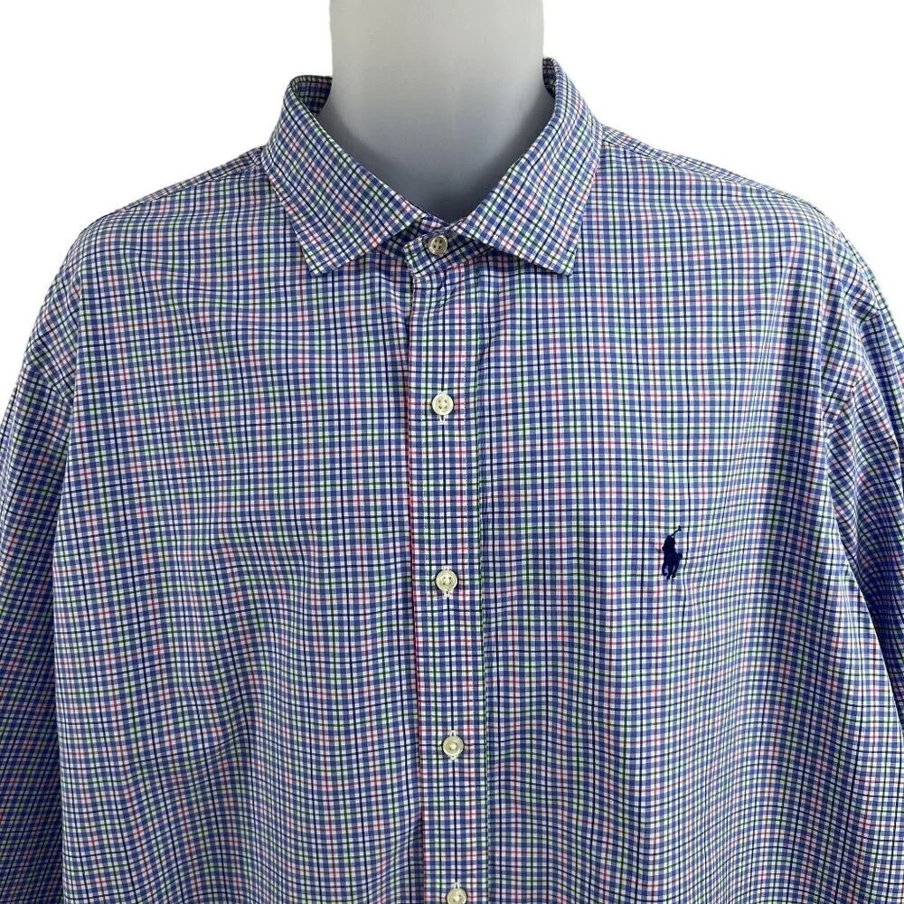 POLO Ralph Lauren XXL Gingham Plaid Twill Dress Shirt 100% Cotton Button Up Logo